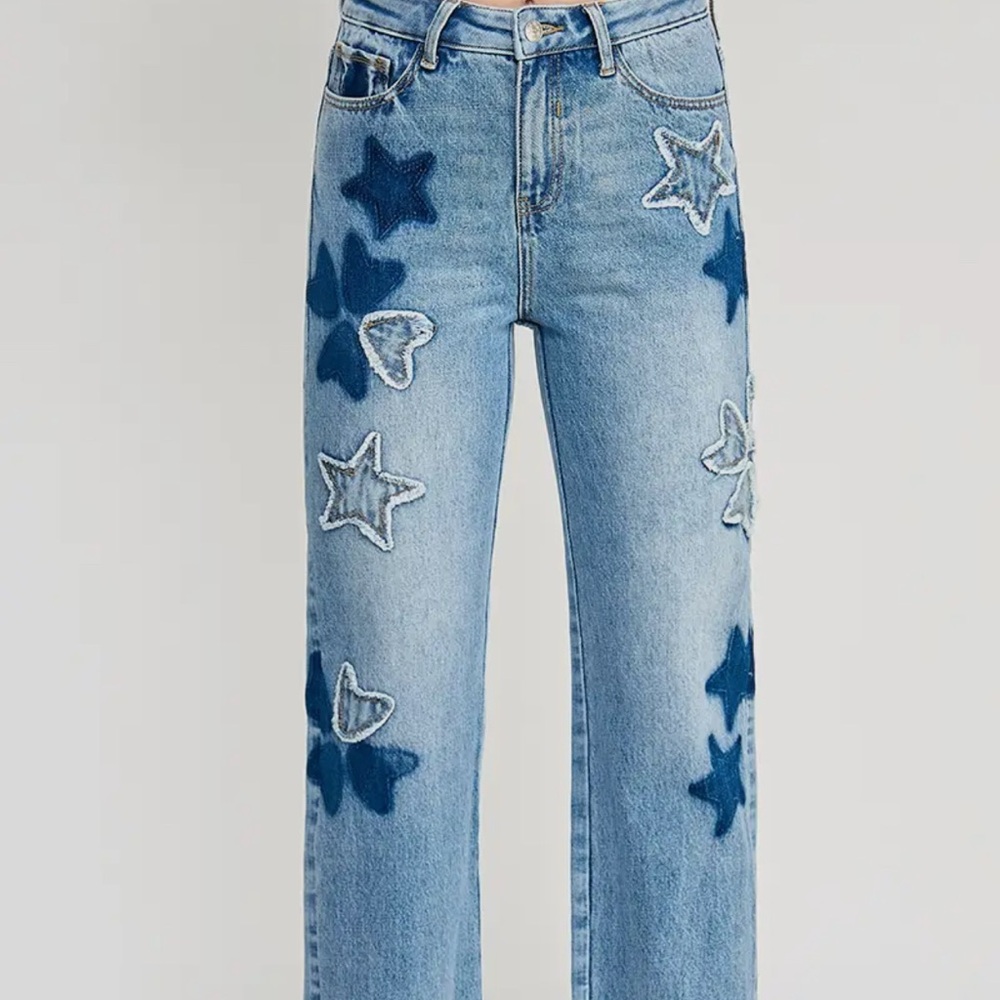 Starry Blue patched  Wide Leg  Dad Jeans-Plus Size - Picture 6 of 6